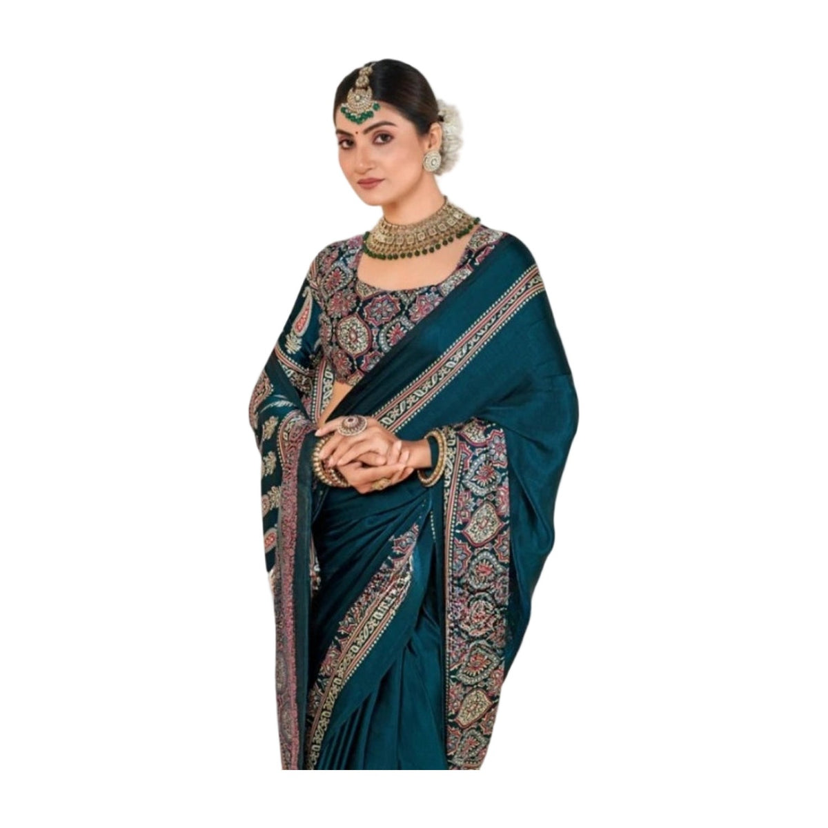 Women's Crepe Printed Saree — Teal AllQwik