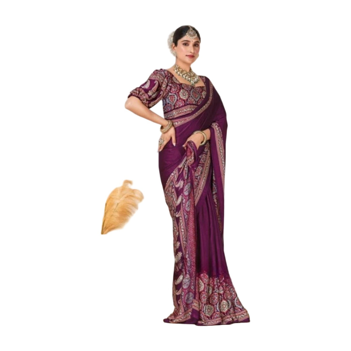 Women's Crepe Printed Saree — Wine AllQwik