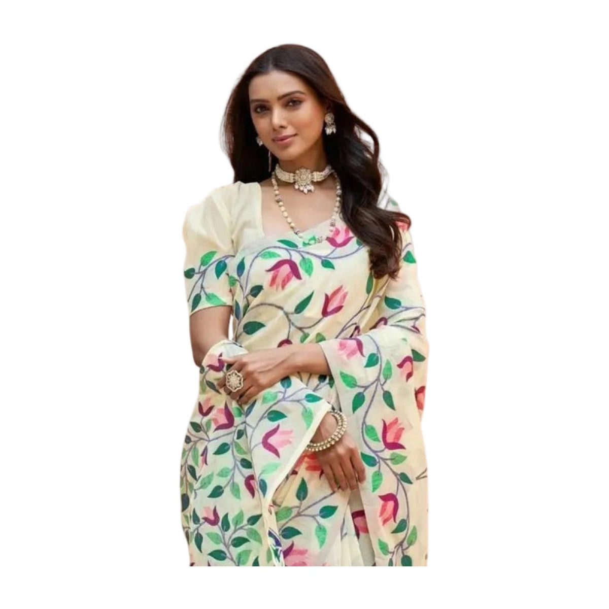Women's Georgette Printed Saree — Cream AllQwik
