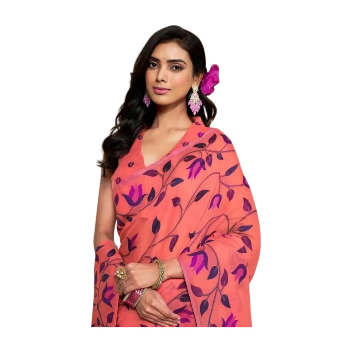 Women's Georgette Printed Saree — Peach AllQwik