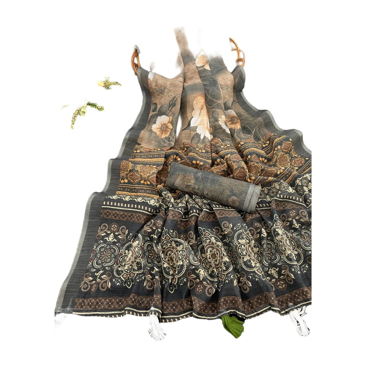 Women's Linen Cotton Printed Saree — Beige · _Bge AllQwik