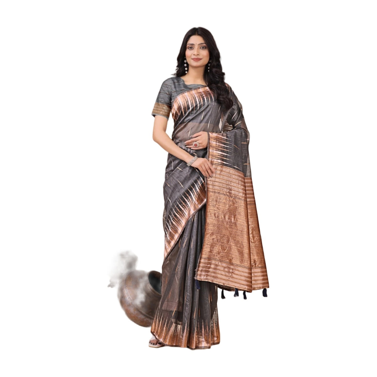 Women's Linen Cotton Printed Saree — Grey · 1001 AllQwik
