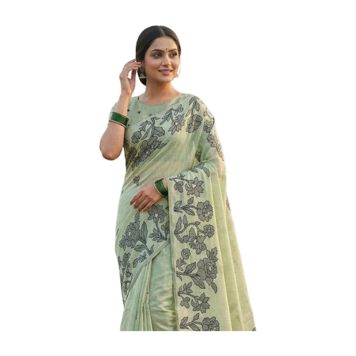 Women's Linen Cotton Printed Saree — Light Green · 1086 AllQwik