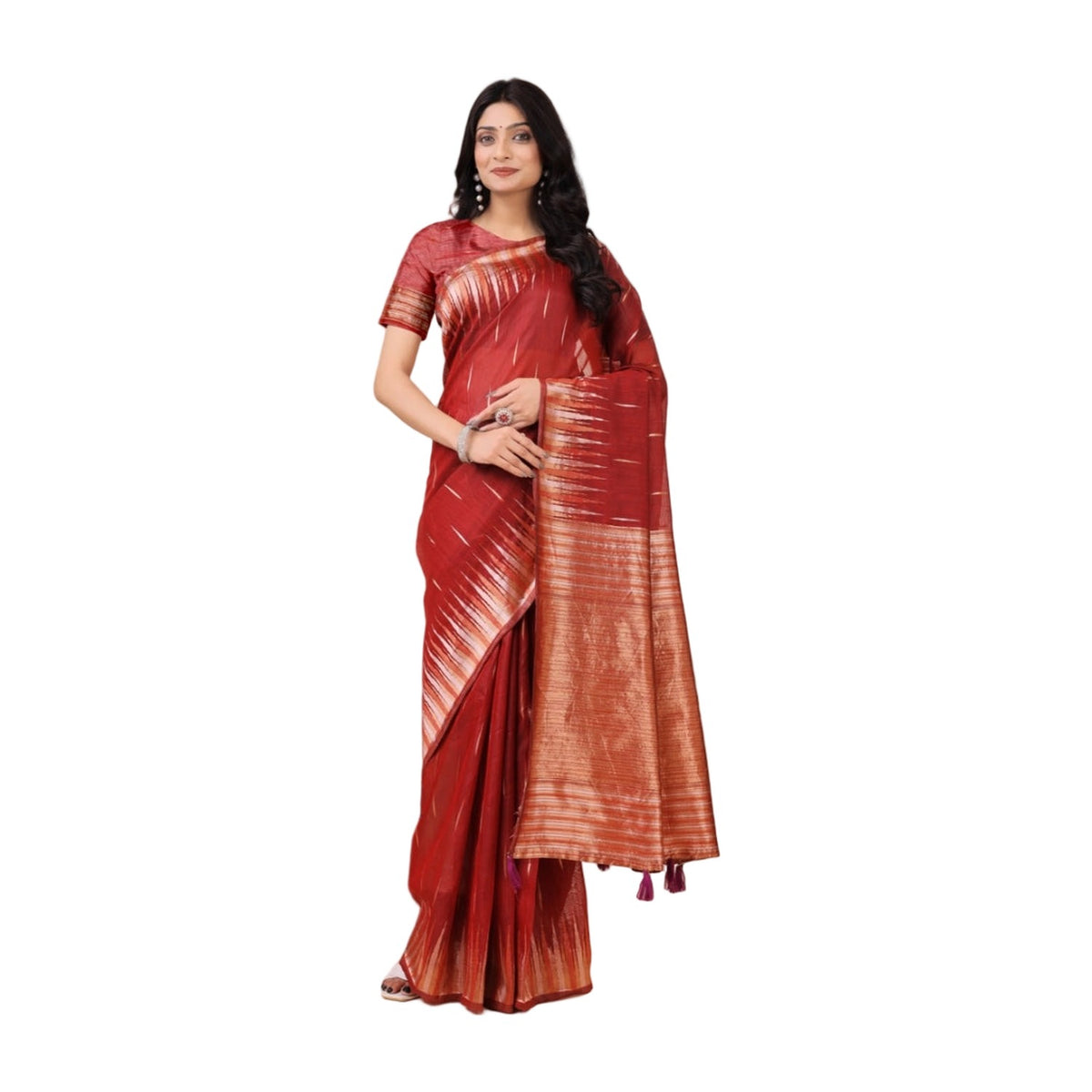 Women's Linen Cotton Printed Saree — Red · 1005 AllQwik