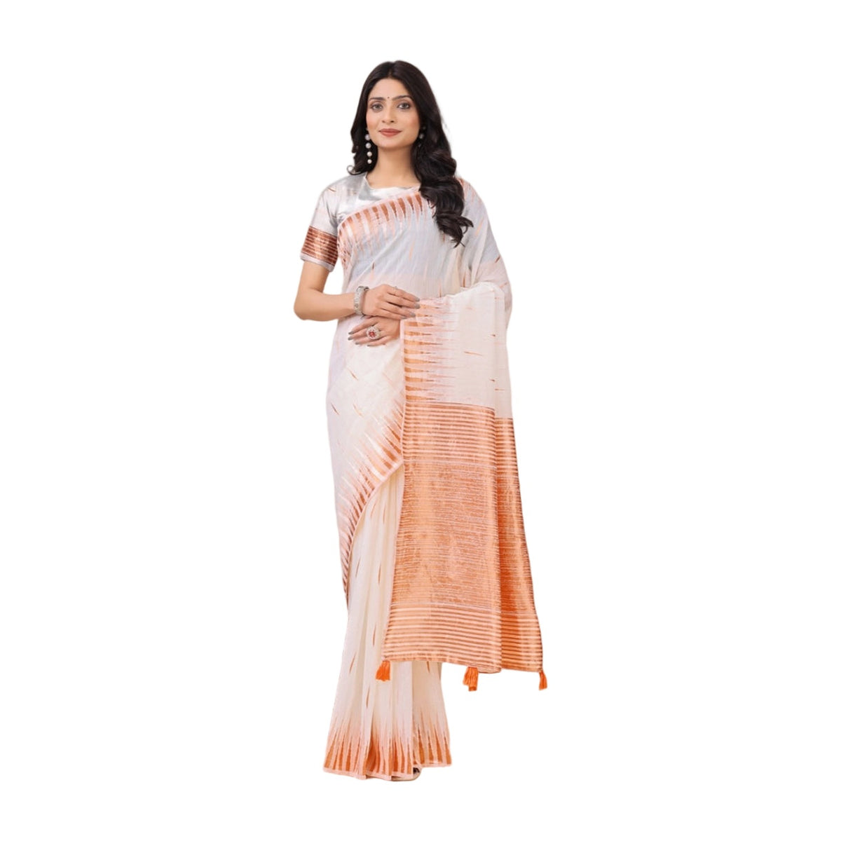 Women's Linen Cotton Printed Saree — White · 1003 AllQwik