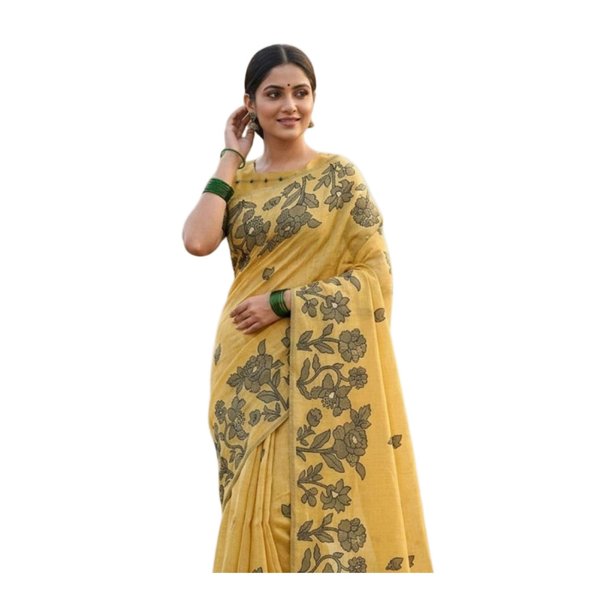 Women's Linen Cotton Printed Saree — Yellow · 1087 AllQwik