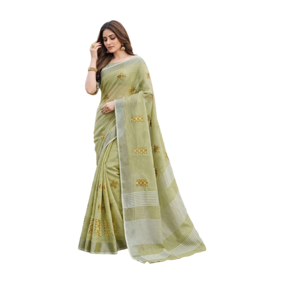 Women's Linen Embroidered Saree — Light Green AllQwik