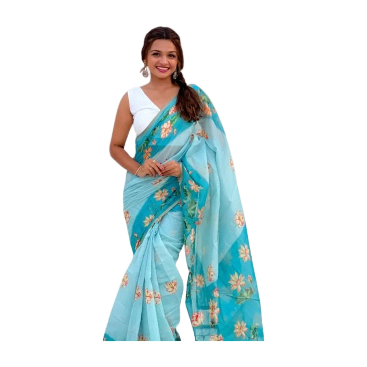 Women's Linen Printed Saree — Aqua AllQwik