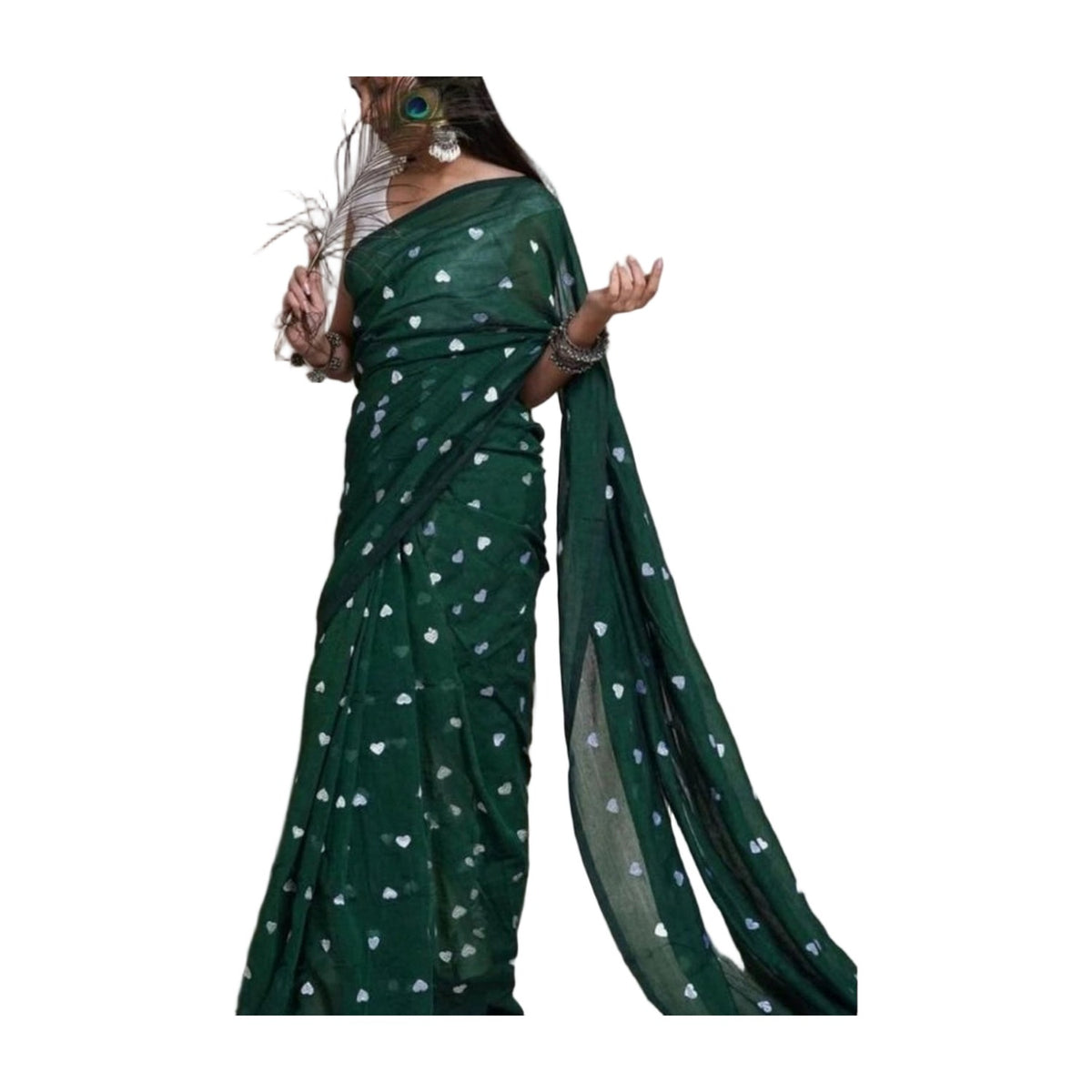 Women's Linen Printed Saree — Green · nWht AllQwik