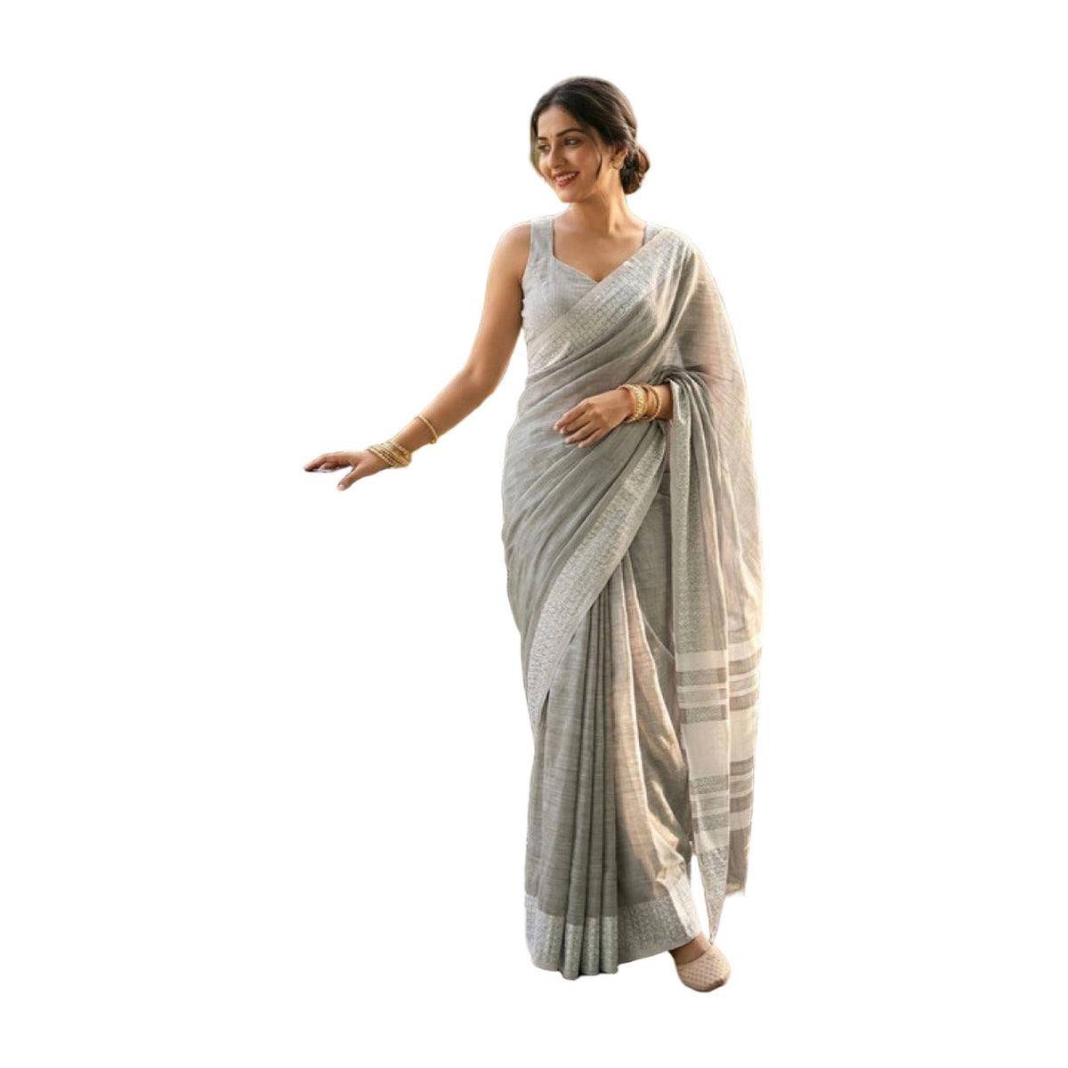 Women's Linen Striped Saree — Gray AllQwik