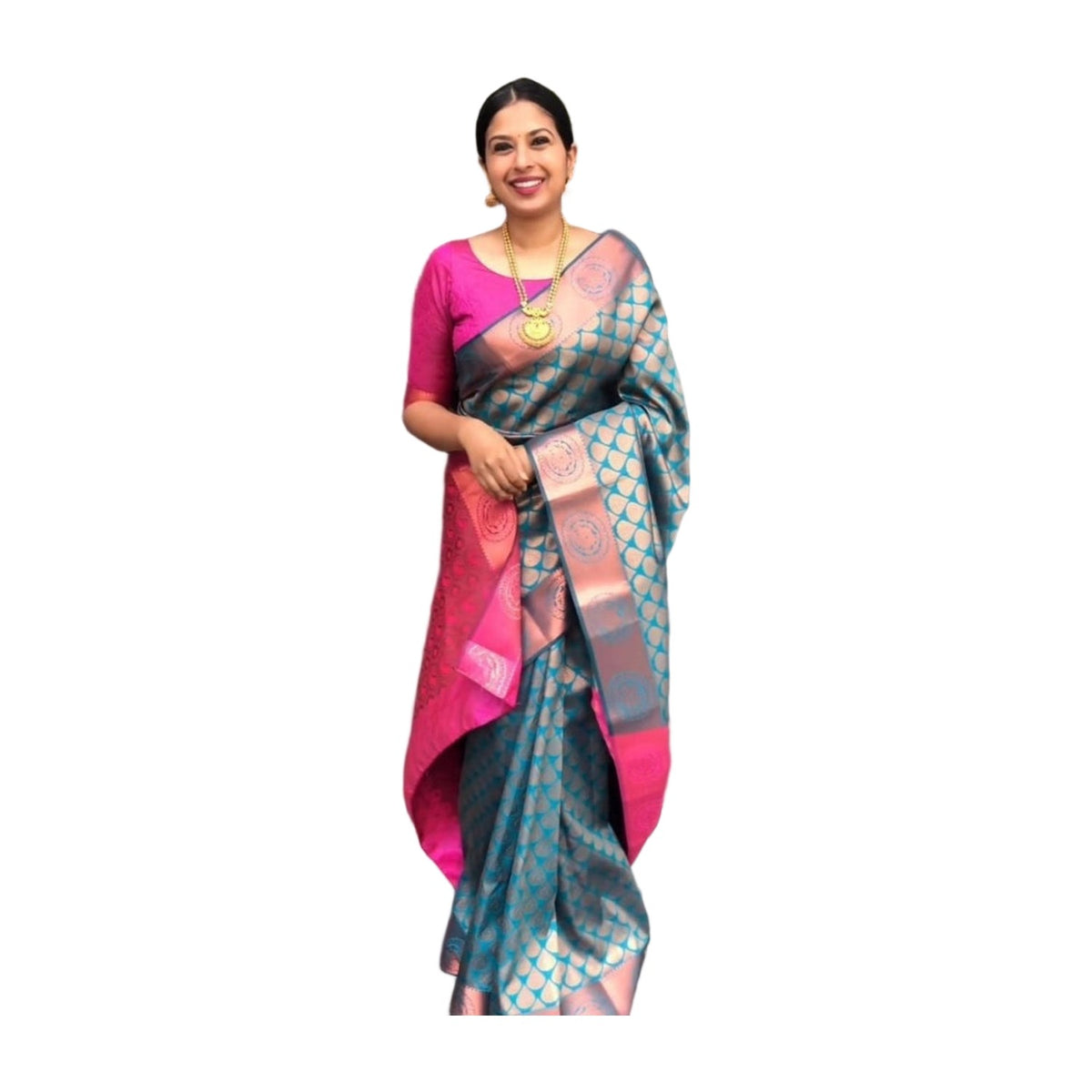 Women's Litchi Silk Printed Saree — Blue · BLUE AllQwik