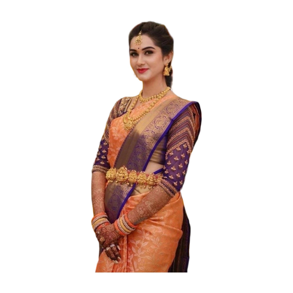 Women's Litchi Silk Printed Saree — Orange AllQwik