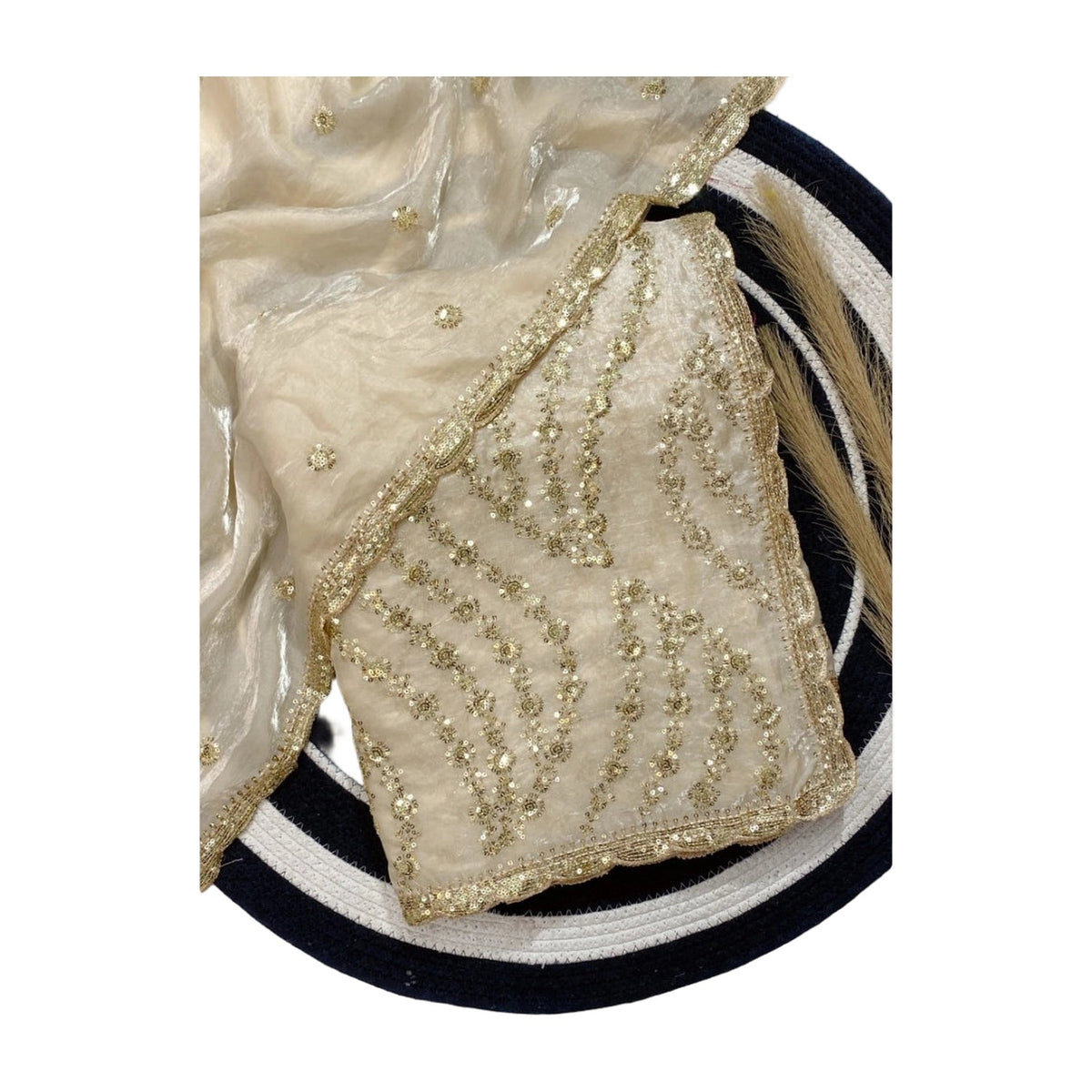 Women's Satin Embellished Saree — Cream AllQwik