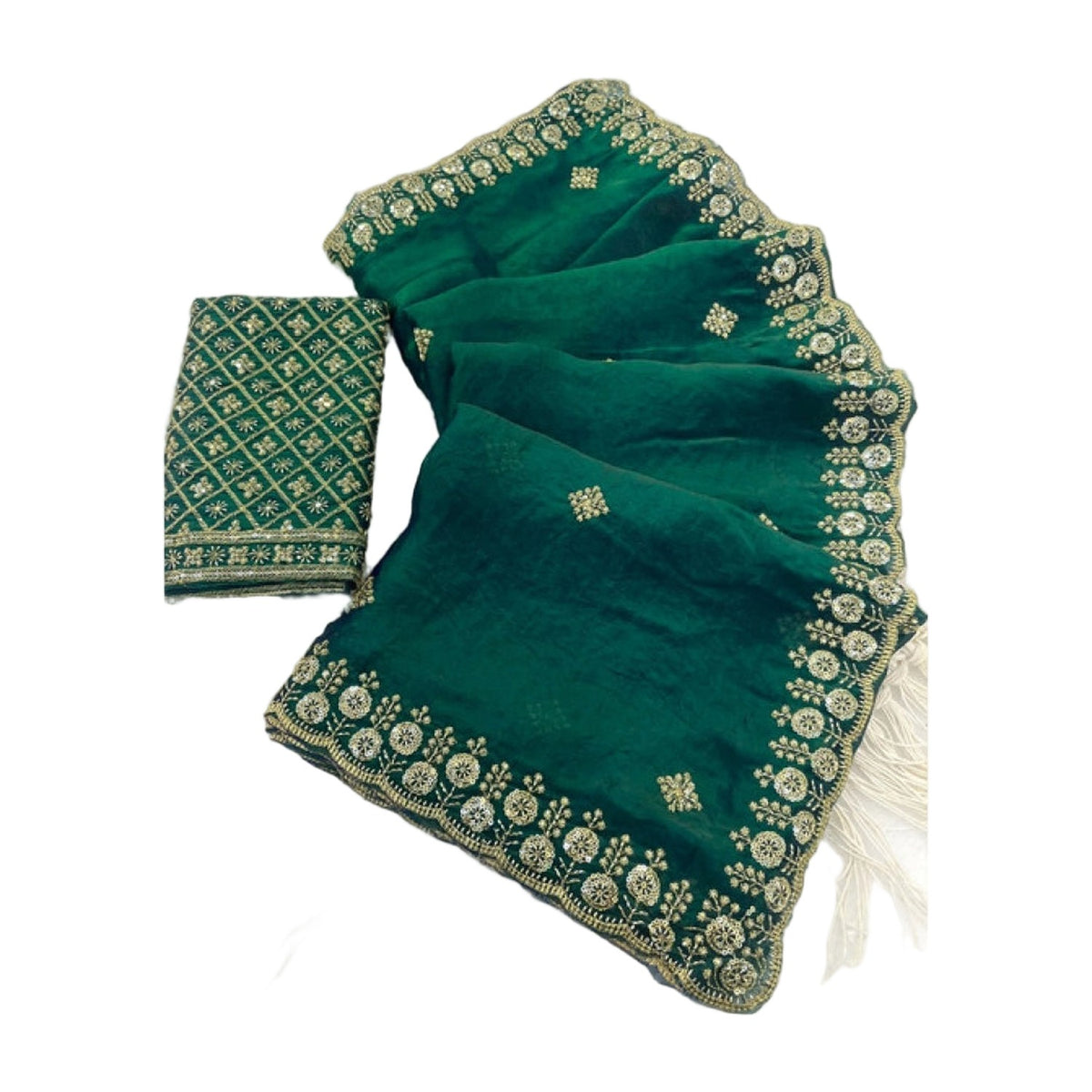 Women's Satin Embellished Saree — Green AllQwik