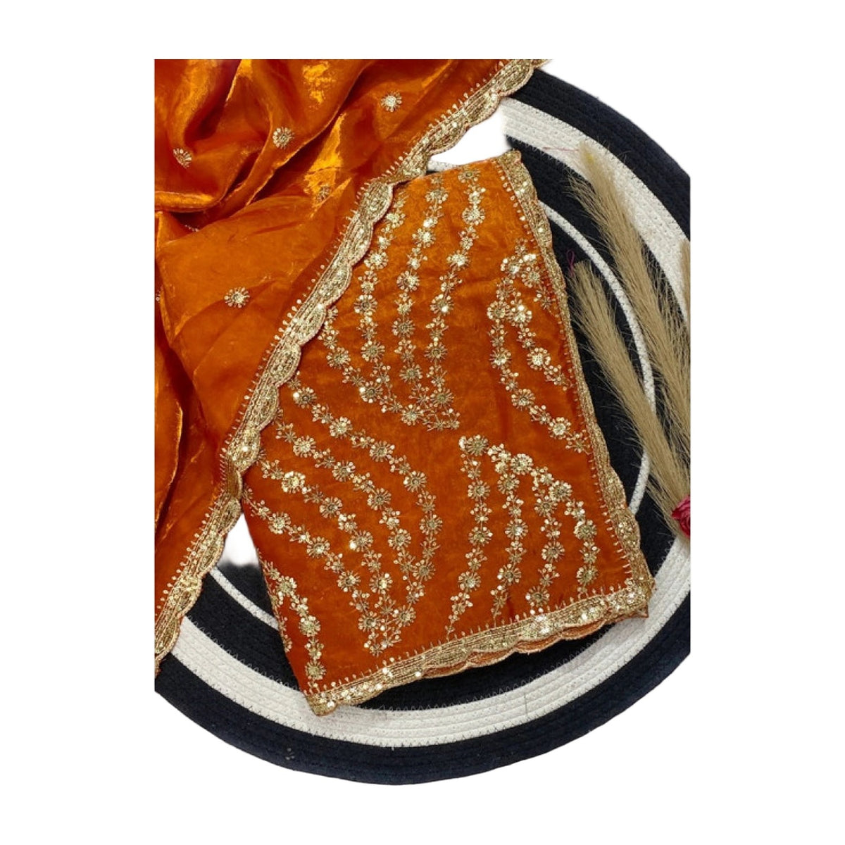 Women's Satin Embellished Saree — Orange AllQwik