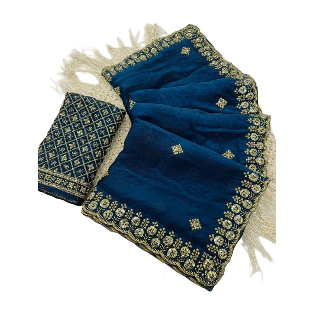 Women's Satin Embellished Saree — Teal AllQwik