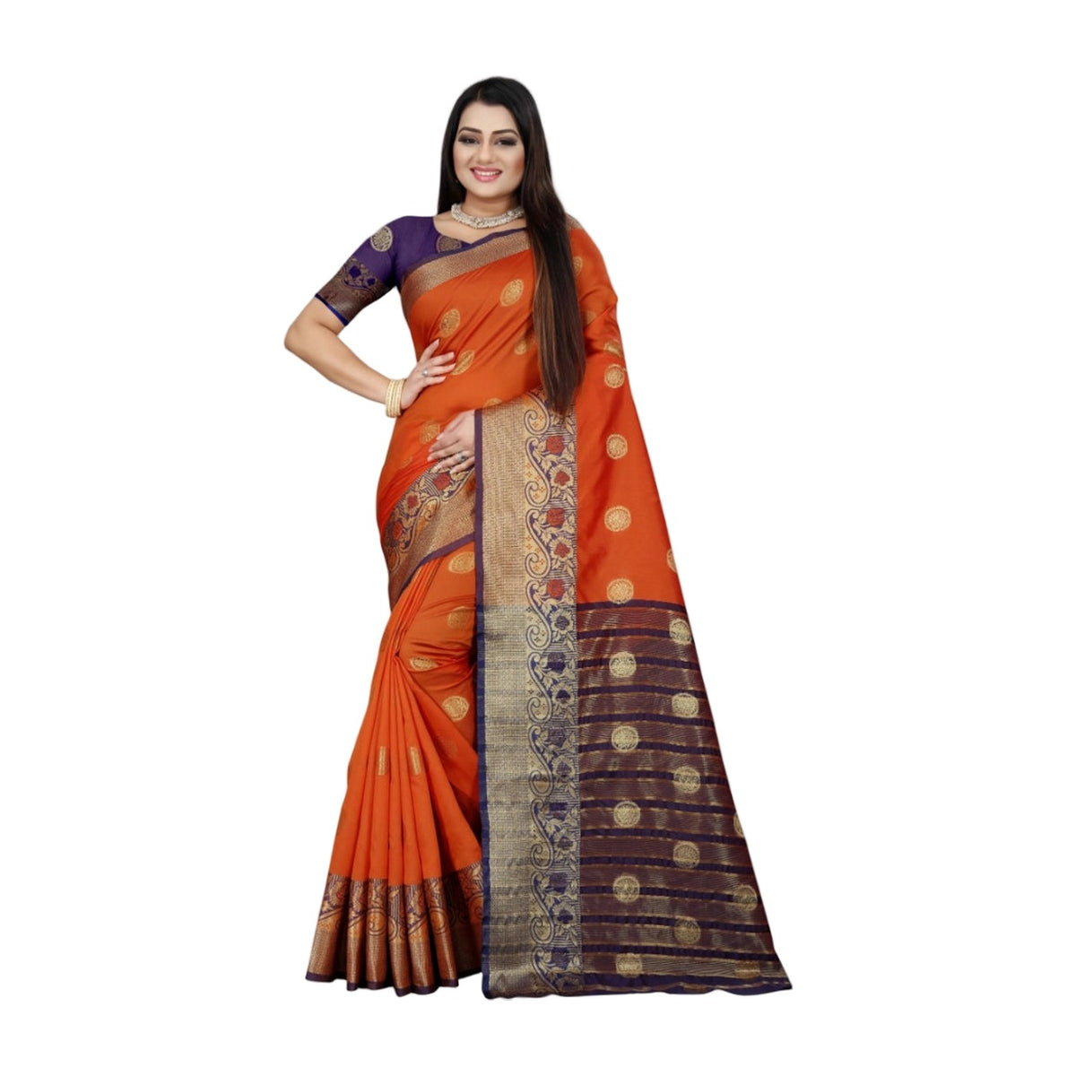 Women's Silk Blend Woven Saree — Blue-Orange AllQwik