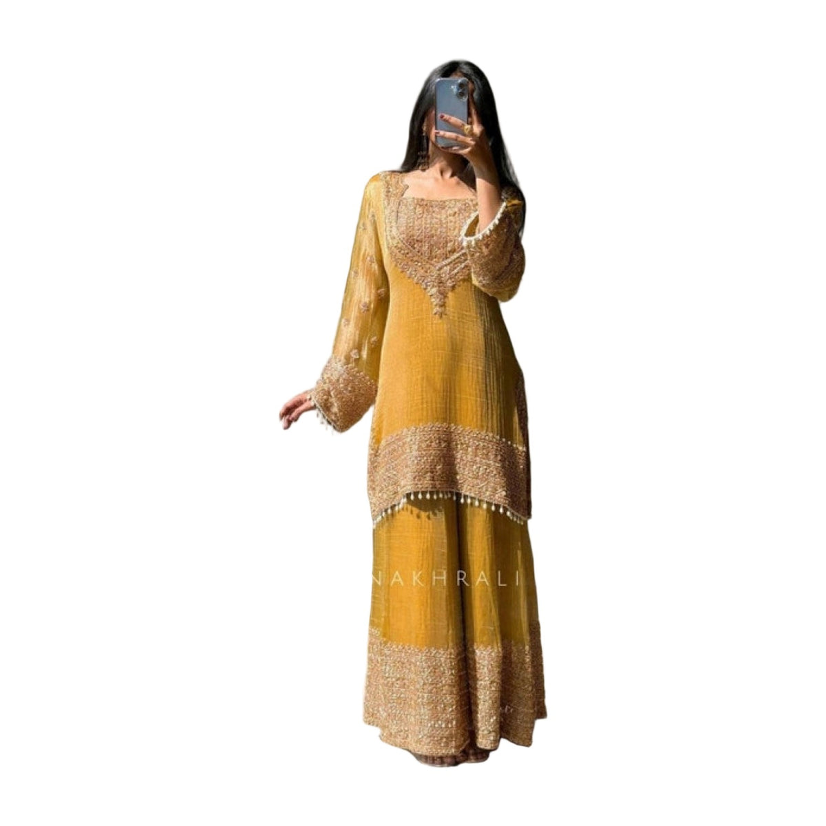 Women's Silk Embroidered 3-4th Sleeve Round Kurti — Yellow AllQwik