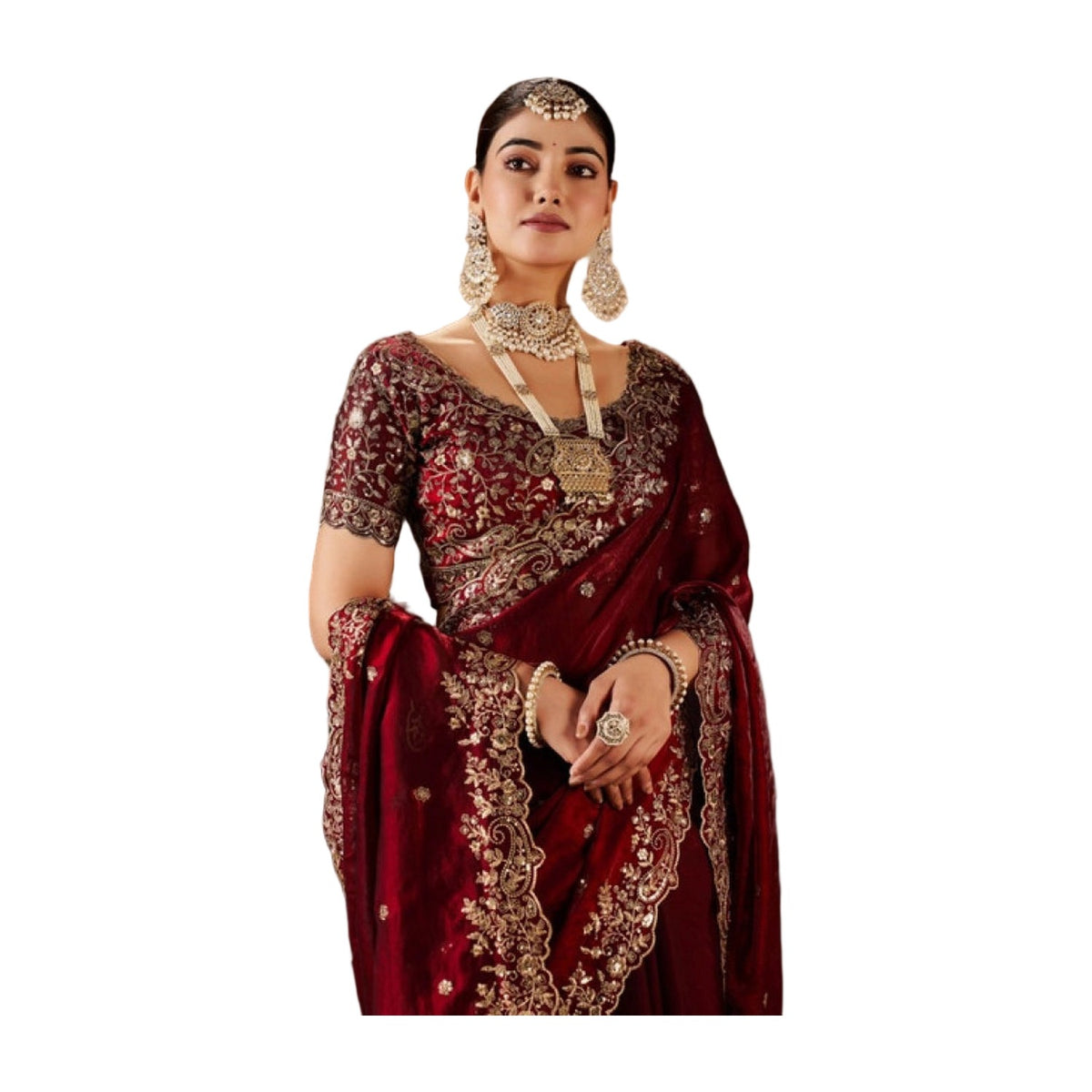 Women's Silk Embroidered Saree — Maroon AllQwik