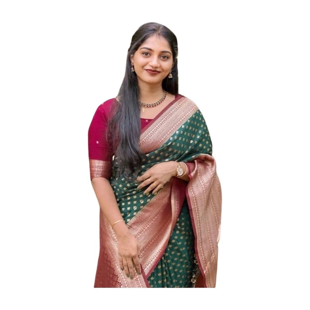 Women's Silk Printed Saree — Green-Red AllQwik