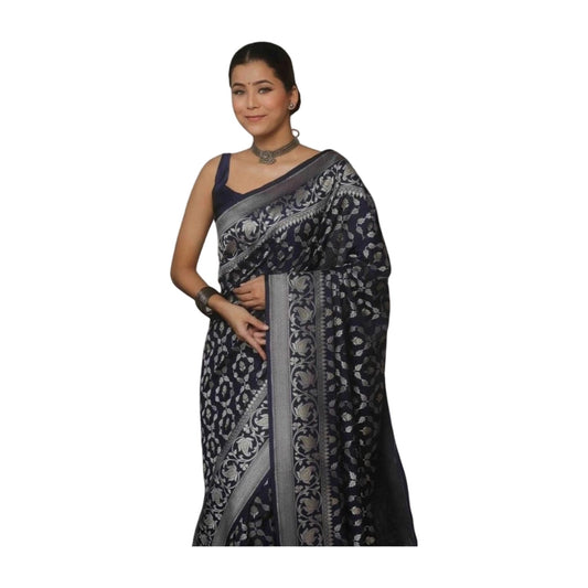 Women's Silk Printed Saree — Navy Blue · _Ble AllQwik