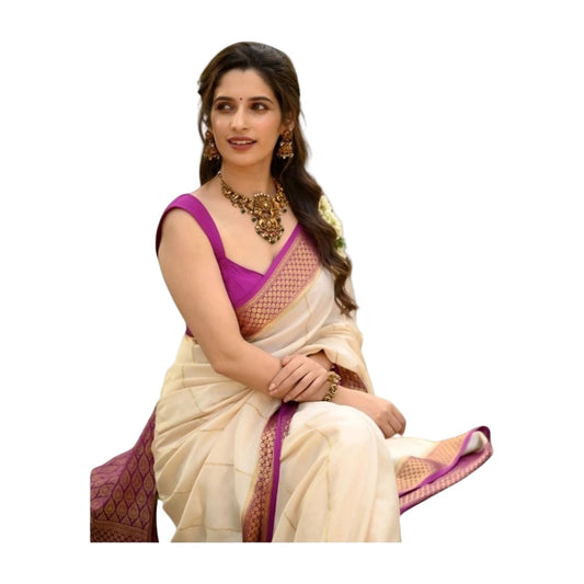 Women's Silk Printed Saree — Off White-Pink AllQwik