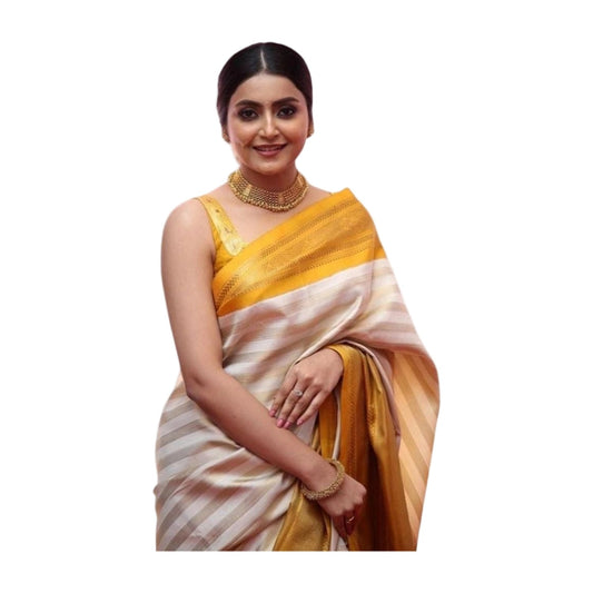 Women's Silk Printed Saree — Off White-Yellow AllQwik