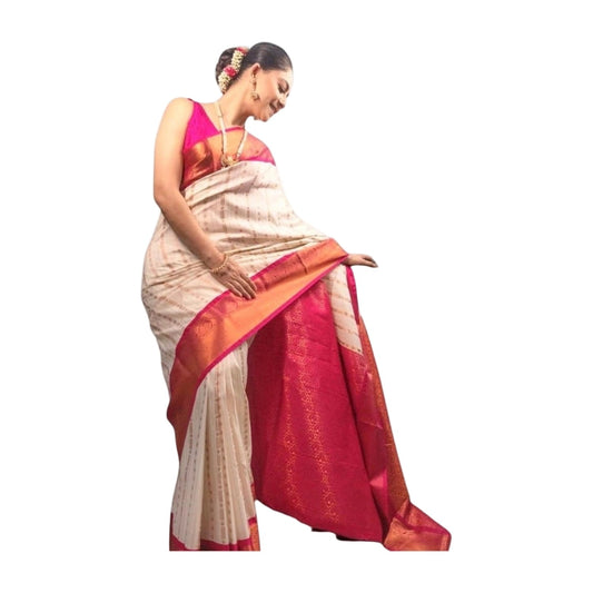 Women's Silk Printed Saree — White-Pink AllQwik
