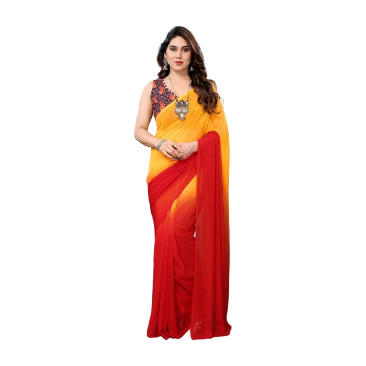 Women's Small Lace Georgette Solid Ready-To-Wear Saree — Red AllQwik