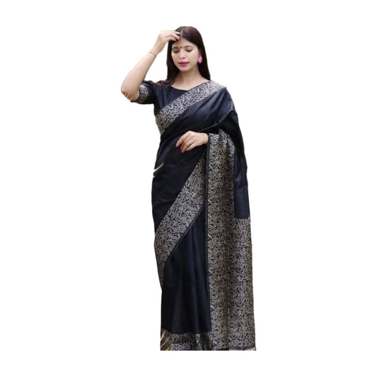 Women's Soft Lichi Silk Printed Saree — Black · _Blk AllQwik