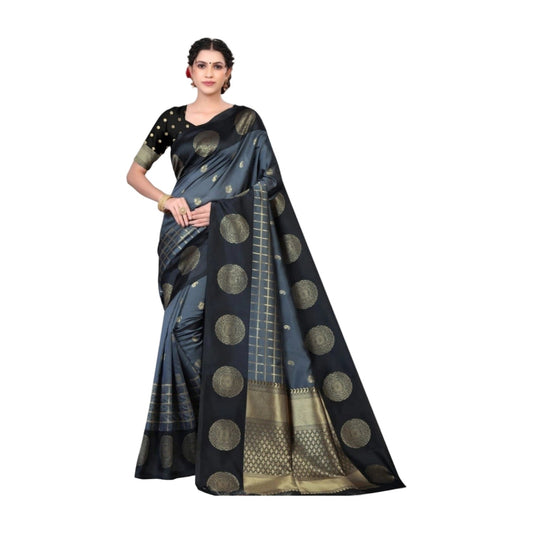 Women's Soft Lichi Silk Printed Saree — Black · _Blk AllQwik