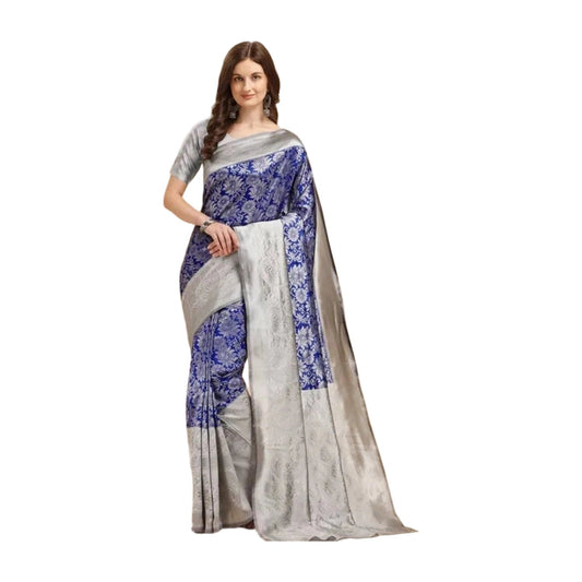 Women's Soft Lichi Silk Printed Saree — Blue · 90Bl AllQwik