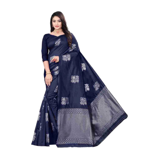 Women's Soft Lichi Silk Printed Saree — Blue · _Blu AllQwik