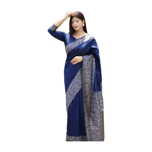 Women's Soft Lichi Silk Printed Saree — Blue · _Blu AllQwik