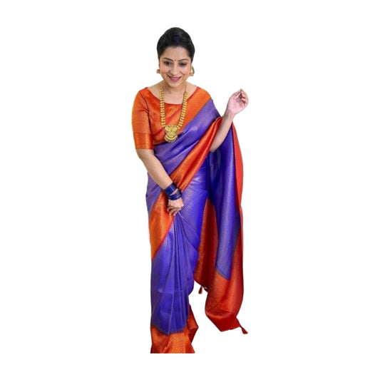 Women's Soft Lichi Silk Printed Saree — Blue · _Blu AllQwik