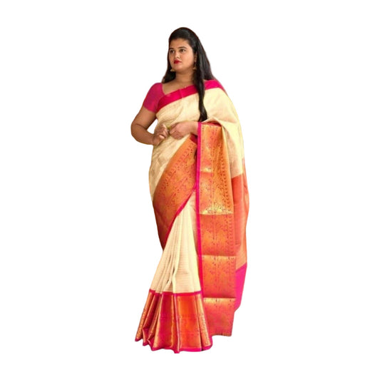 Women's Soft Lichi Silk Printed Saree — Cream AllQwik