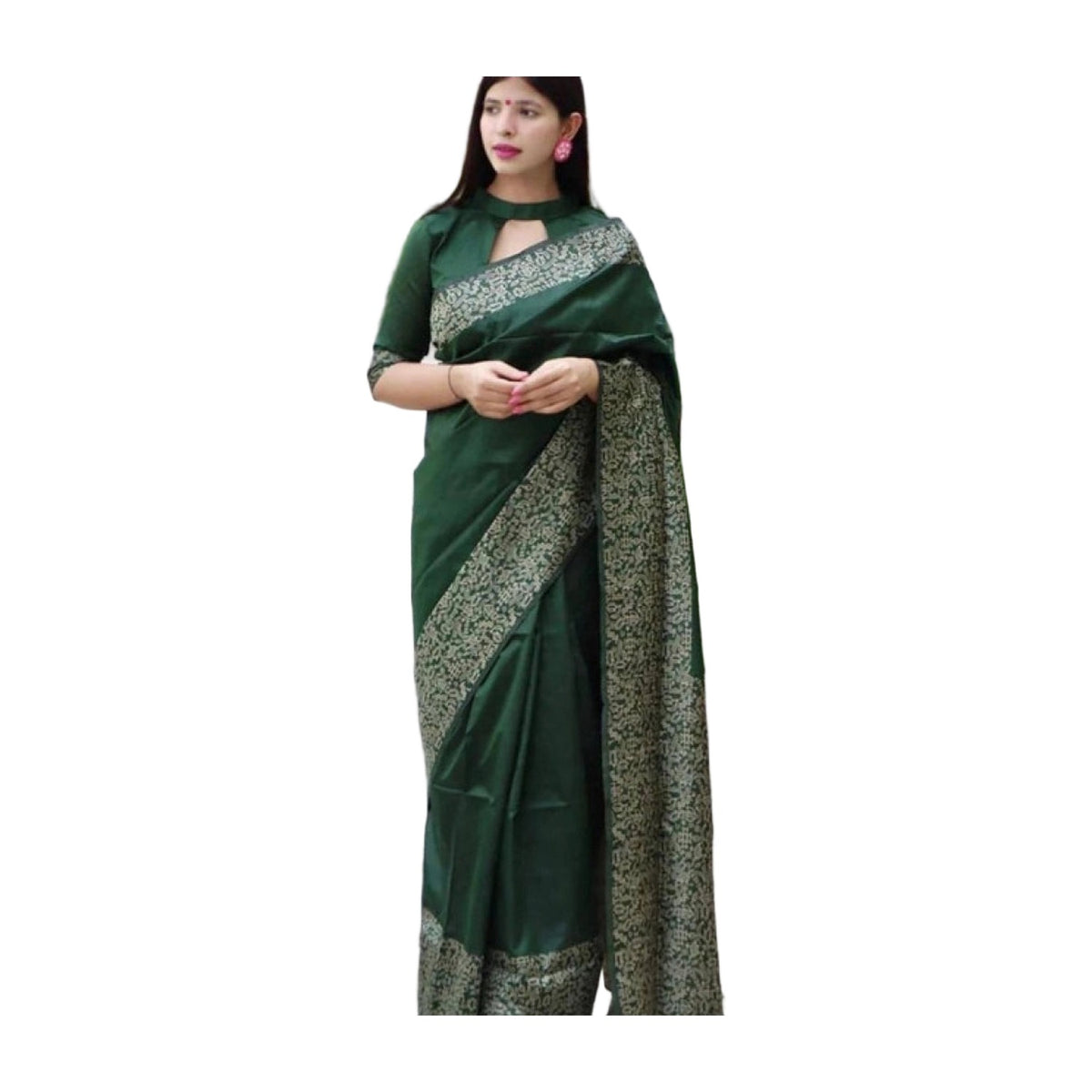 Women's Soft Lichi Silk Printed Saree — Green · _Grn AllQwik