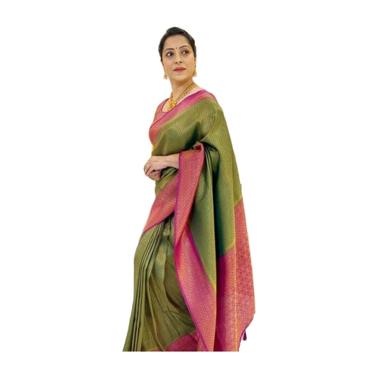 Women's Soft Lichi Silk Printed Saree — Mehndi-Green AllQwik