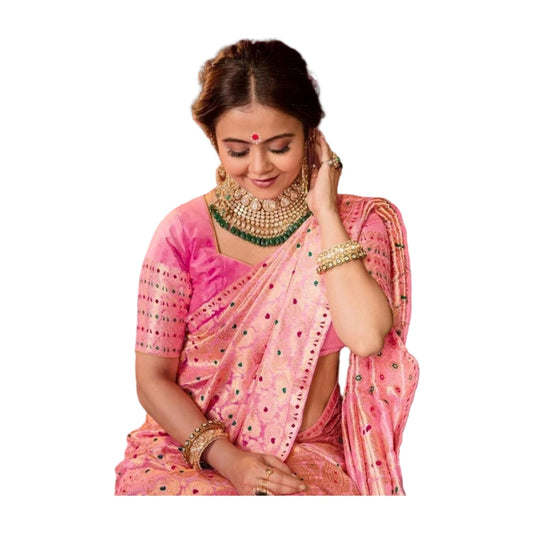Women's Soft Lichi Silk Printed Saree — Pink · 0Pnk AllQwik