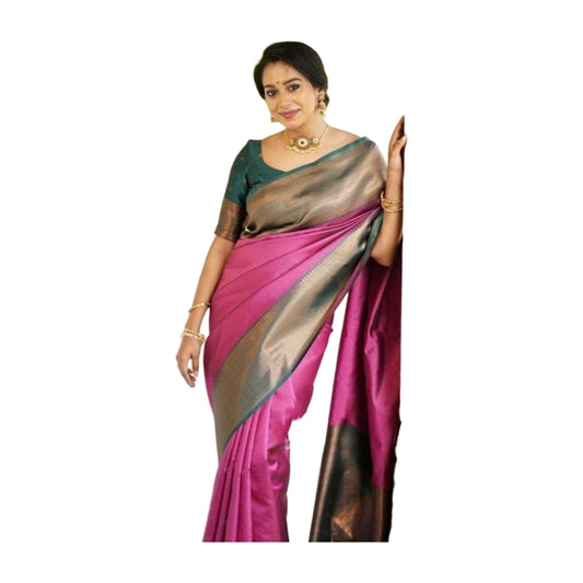 Women's Soft Lichi Silk Printed Saree — Pink · _Pnk AllQwik