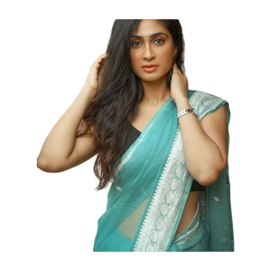 Women's Soft Lichi Silk Printed Saree — Sky-Blue · _SBl AllQwik