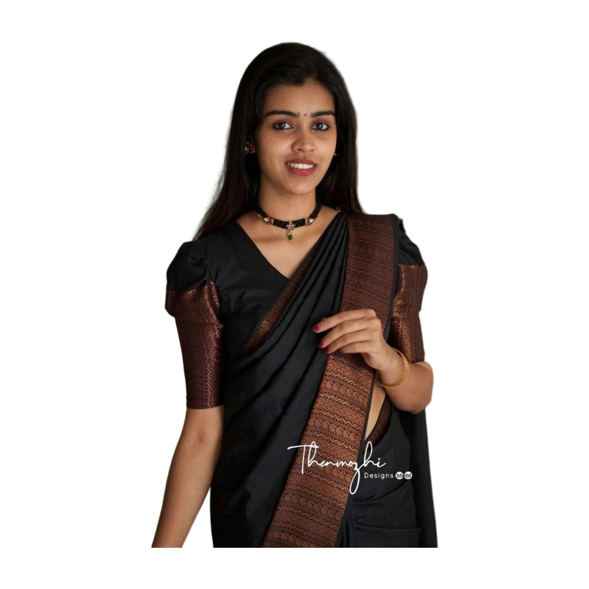 Women's Soft Lichi Silk Solid Saree — Black AllQwik