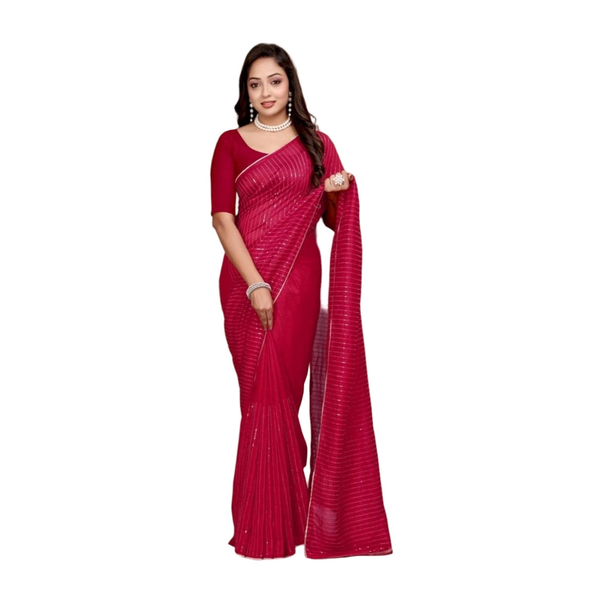 Women's Vichitra Silk Striped Saree — Pink AllQwik