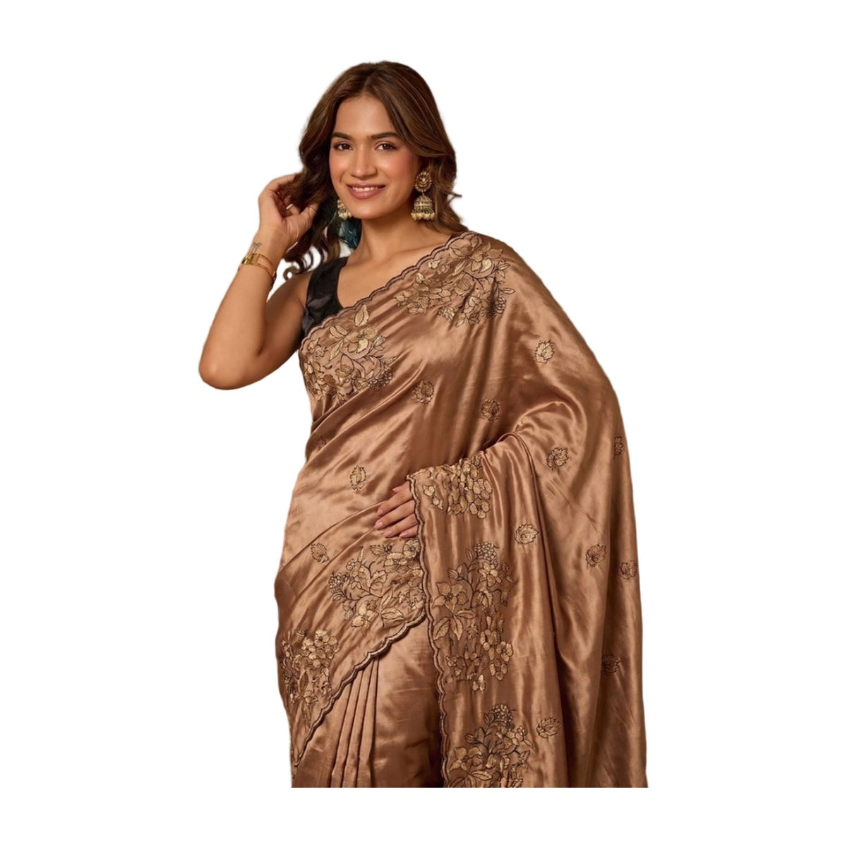 Women's Viscose Silk Embroidered Saree — Brown · 2692 AllQwik