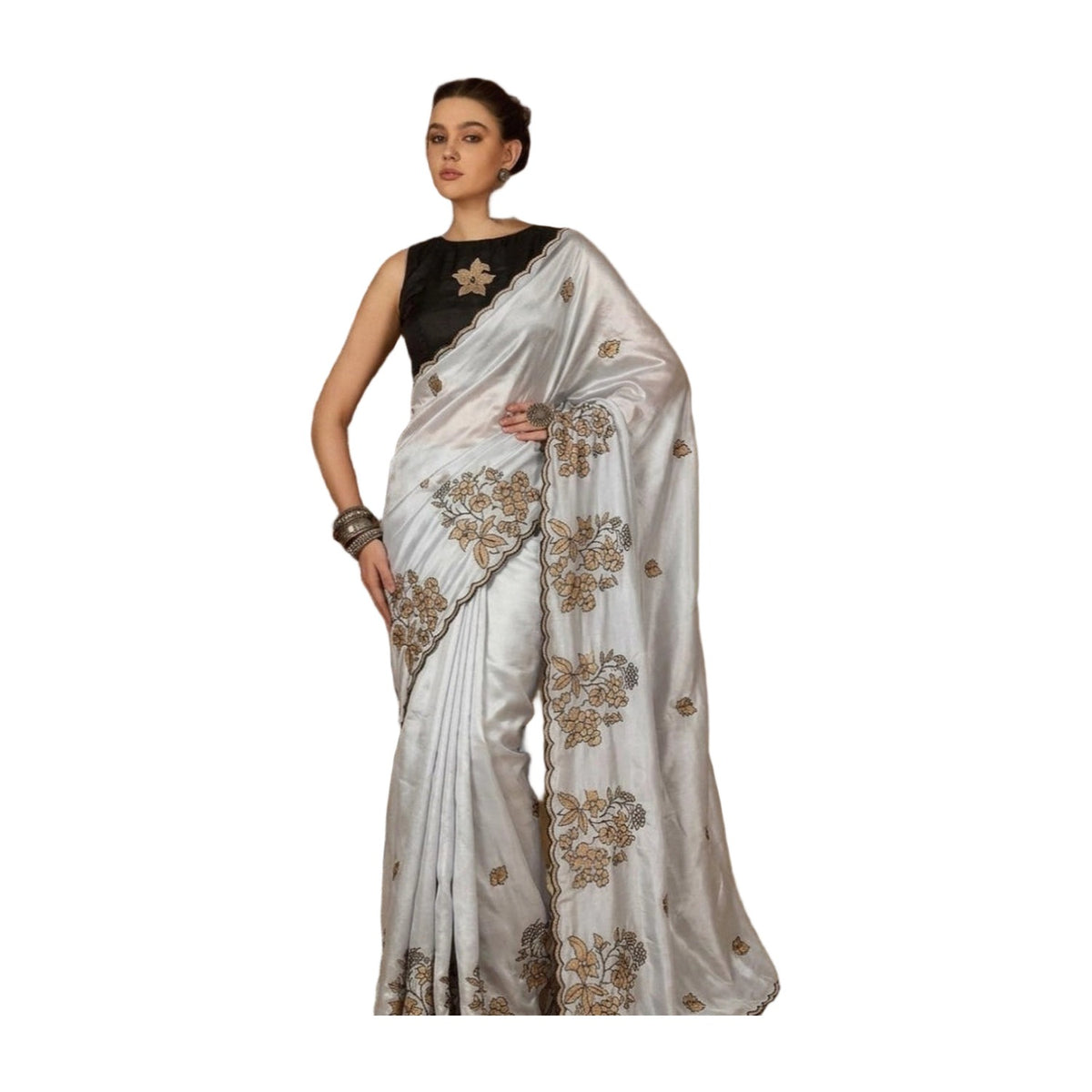 Women's Viscose Silk Embroidered Saree — Grey · 2613 AllQwik