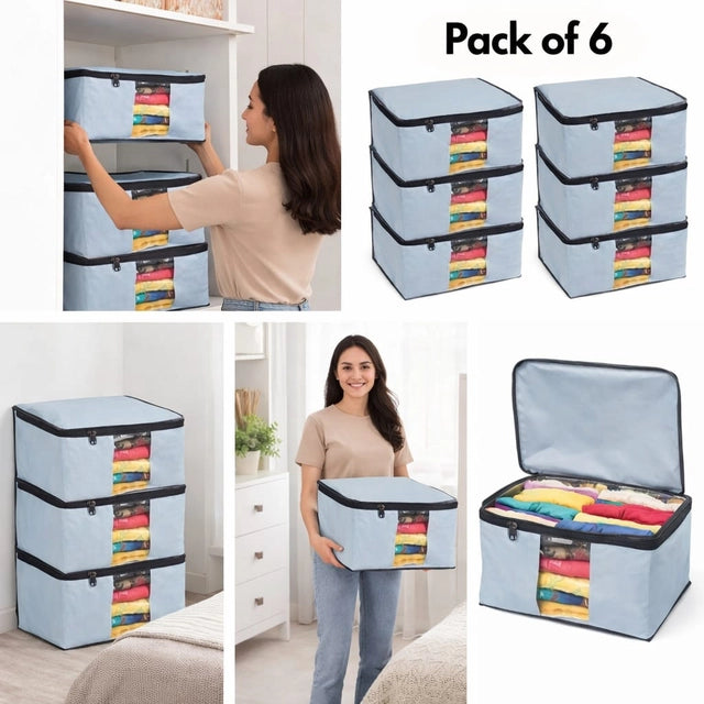 Foldable Saree Cover/Cloth Storage Bag/Wardrobe Organizer with Zip & Transparent Window · Pack of 6