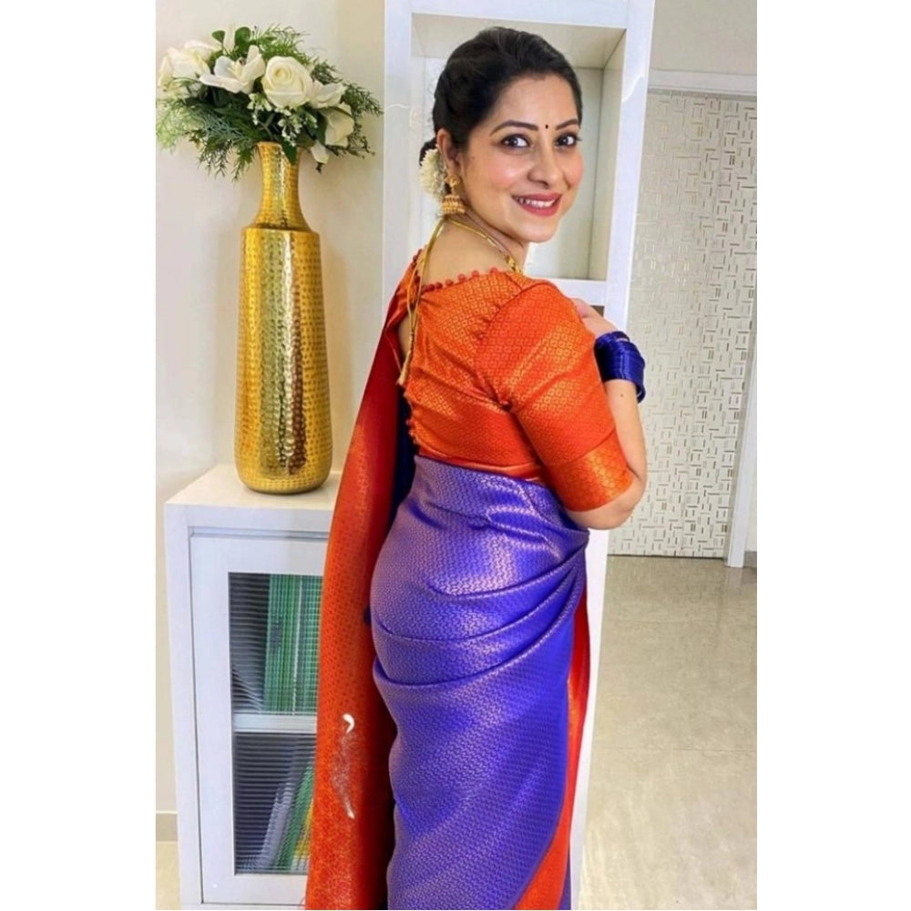 Women's Soft Lichi Silk Printed Saree — Blue · _Blu