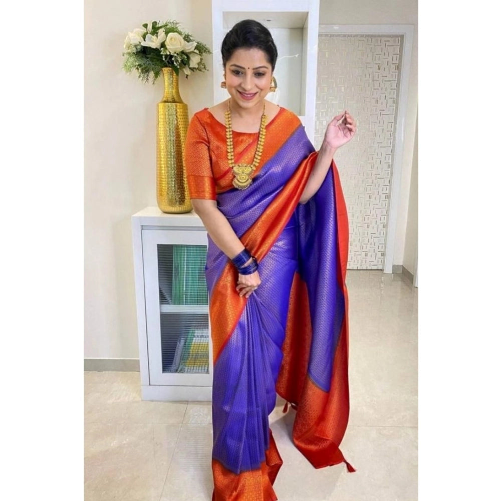 Women's Soft Lichi Silk Printed Saree — Blue · _Blu